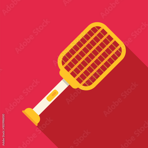 Electric fly swatter racket with a long shadow on a red background