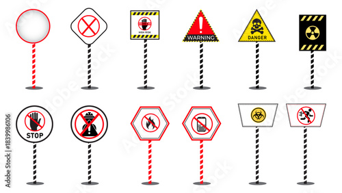 Collection of various warning and danger signs on posts