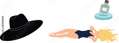 Summer beach lifestyle illustration featuring woman sunbathing in swimsuit with wide-brim hat and perfume bottle accessories