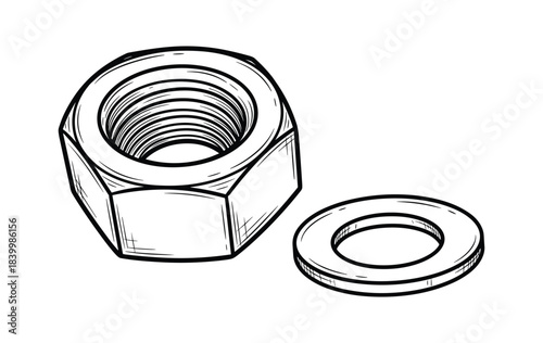 Outline sketch drawing illustration of a metal nut and a flat washer mechanical fastener components
