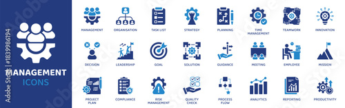 Management flat icon set. Containing Icons as Organisation, Task List, Strategy, Planning, Time Management, Teamwork, Innovation and more. Solid Vector web icons collection.