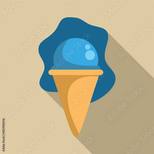 Blue ice cream scoop melting on a yellow cone with long shadow