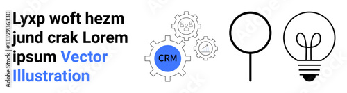 Business solutions, innovation, technology tools, CRM systems, brainstorming, analytics. Gear system labeled CRM with magnifying glass and light bulb. Business solutions and innovation concepts