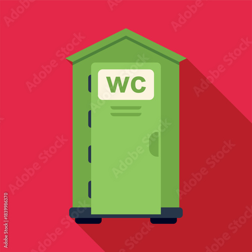 Green portable wc toilet for public outdoor use with long shadow