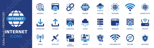 Internet flat icon set. Containing Icons as Web, Network, WiFi, Cloud, Server, Browser, Domain and more. Solid Vector web icons collection.