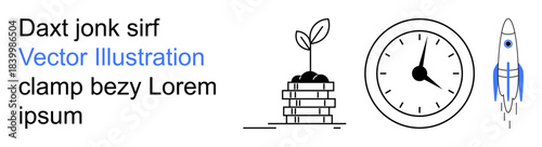 Sustainability, time management, innovation, progress, productivity, entrepreneurship. A plant growing in soil, an analog clock and a rocket. Sustainability and innovation illustrated