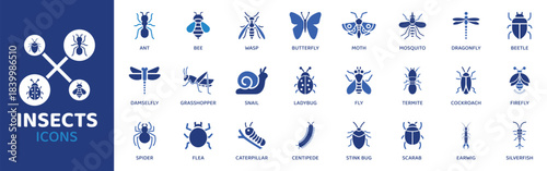 Insects flat icon set. Containing Icons as Ant, Bee, Butterfly, Mosquito, Dragonfly, Ladybug, Fly and more. Solid Vector web icons collection.