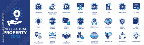 Intellectual property flat icon set. Containing Icons as Copyright, Patent, Trademark, License, Registered, Idea, Innovation and more. Solid Vector web icons collection.