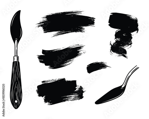 Palette knives; abstract paint strokes; textured artistic swatches; art tools vector element.