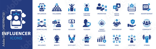 Influencer flat icon set. Containing Icons as Followers, Celebrity, Content Creator, Social Media, Brand, Promotion, Storytelling and more. Solid Vector web icons collection.