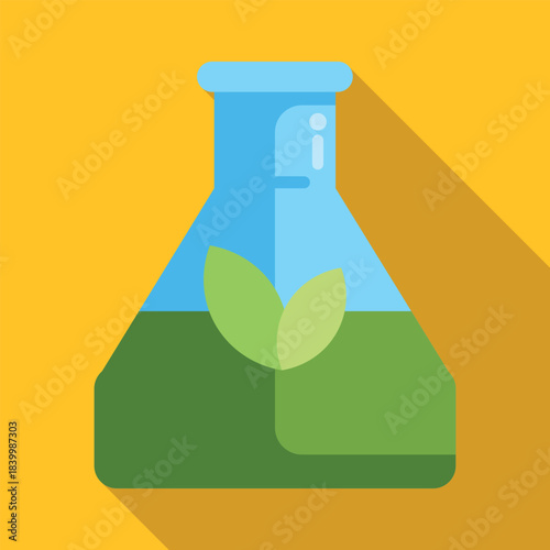Erlenmeyer flask with green liquid and leaves symbolizing natural research and sustainable bio science