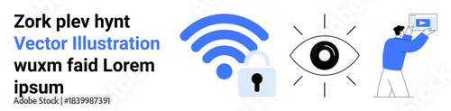 wireless signal, padlock, and eye icons emphasizing security. Individual handling digital media. Ideal for technology, privacy, communication, cybersecurity, connection surveillance simple landing