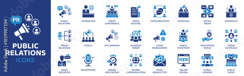 Public Relations flat icon set. Containing Icons as Journalism, Press Conference, Press Release, Communication, Interview, Social Media, Journalist and more. Solid Vector web icons collection.