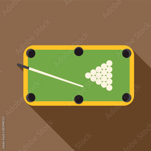 Pool table with rack of white balls and cue stick featuring long shadow design