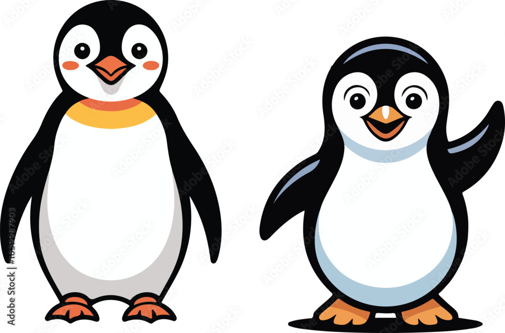 Obraz premium Cute cartoon penguin duo standing together with cheerful expressions, vibrant colors, playful poses, friendly winter character illustration for kids, merchandise, educational materials, and seasonal d