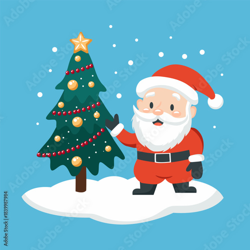 Cute Santa Claus with a Christmas tree. Vector holiday illustration for a card, banner, or poster.