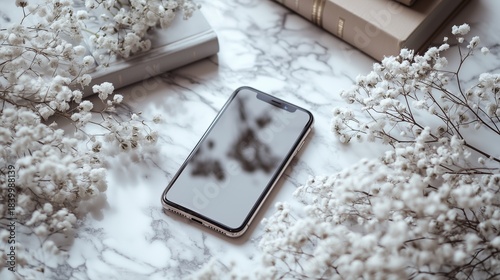 Minimalist White Aesthetic Flat Lay: Smartphone with Baby’s Breath & Books