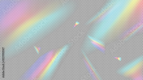Blurred rainbow refraction overlay effect. Light lens prism effect on transparent background. Holographic reflection, crystal flare leak shadow overlay. 