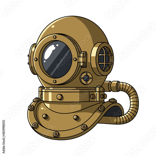 Vintage brass diving helmet with round viewport, side grilles, and ribbed air hose.