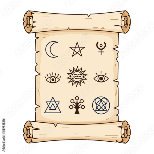 Ancient parchment scroll with mystical symbols, featuring moon, sun, eye, pentagram, and tree of life.