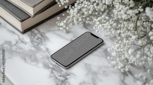 Elegant Lifestyle Flat Lay: Smartphone, Baby’s Breath & Books on Marble