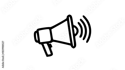 Simple black outline icon of a megaphone emitting sound waves, symbolizing public announcement or communication.