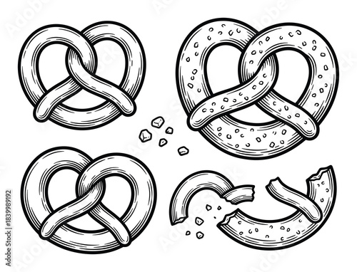 Pretzels in different forms: whole, salted, and broken pieces for bakery and snack designs.