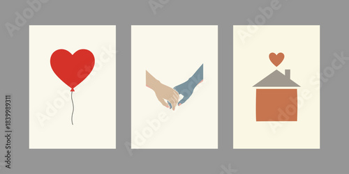 Love and Relationship Poster Heart Balloon, Holding Hands, Home Sweet Home Art Illustration