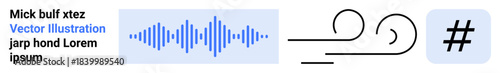 Blue audio waveform, black wind lines, metadata tag icon on a soft background, and sample placeholder text. Ideal for sound design, social media, branding, communication, air concepts modern