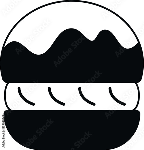 Macaron cookie with buttercream filling appearing as a simple black and white icon