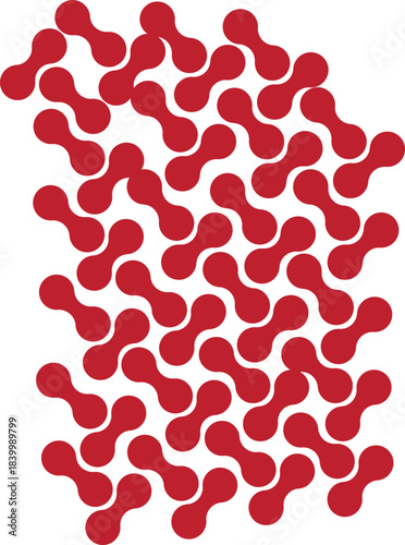 A repeating pattern of interconnected red abstract shapes resembling dumbbells or peanuts on a white background, forming a dynamic tessellation.