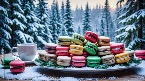 Traditional French colorful macarons against a background of a winter landscape. sweet confectionery based on Christmas tree meringue. New Year celebration