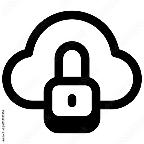Cloud protection. Outlined stroke vector icon with black-filled details.