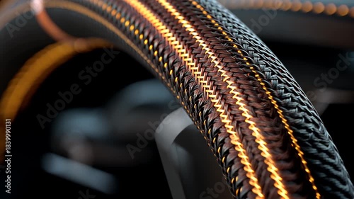 Close up of braided cable with orange glowing threads on a dark background