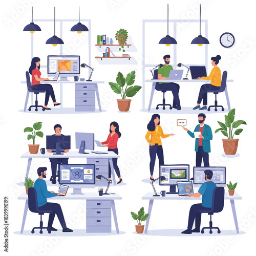 Illustration of office workers collaborating and working at desks with computers and plants in a modern workspace with a productive mood.