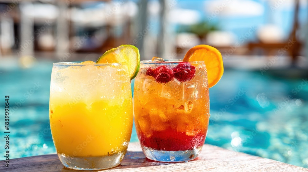 Obraz premium Refreshing drinks next to a pool on a sunny day with clear water