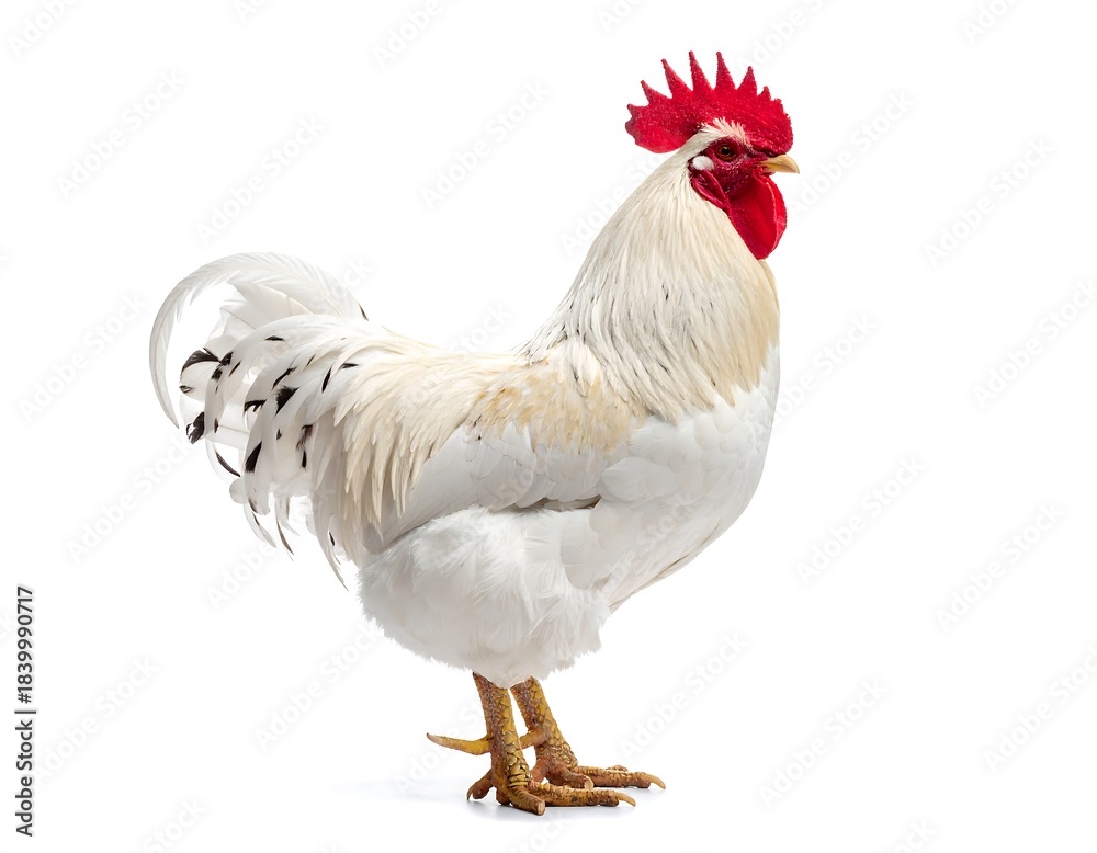 Fototapeta premium A pristine white rooster with vibrant red comb and wattle stands
