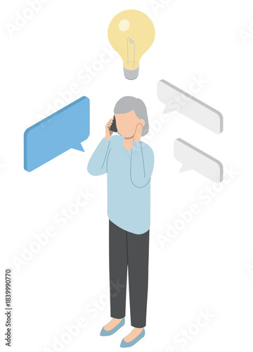 電話で相談するシニア女性・アイソメトリック