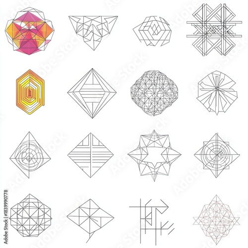 Dynamic geometric patterns art studio abstract designs creative space aerial perspective modern aesthetics