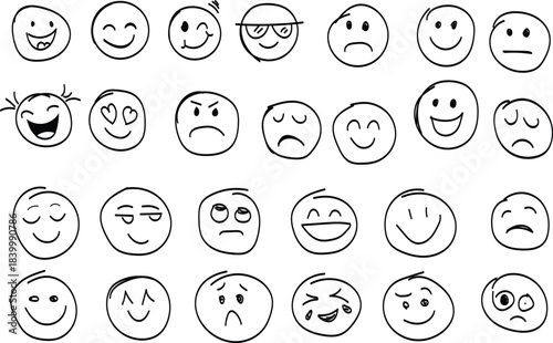 Vector hand drawn doodle emoji with different emotions set. Round cute faces with different emotional expressions isolated. Line happy, neutral, crying, excited and cool cute faces vector