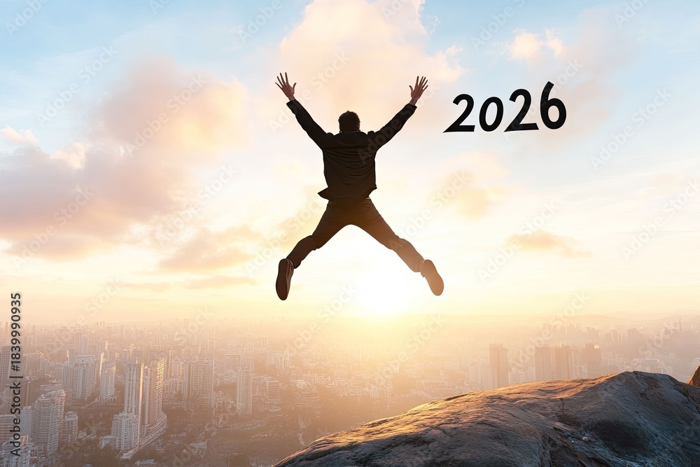 Fototapeta premium Jumping into the future embracing change in 2026 urban landscape motivational scene bright horizon