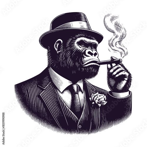 gorilla wearing mafia suit smoking cigar