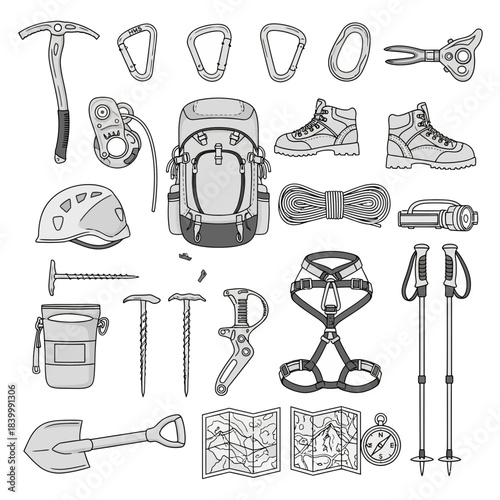 Gear up for adventure with this collection of mountain climbing equipment, perfect for outdoor enthusiasts planning their next expedition or extreme sport getaway