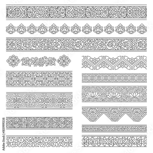 Elegant decorative borders and seamless patterns, perfect for adding a touch of classic charm to any creative project, originally a vector graphic.