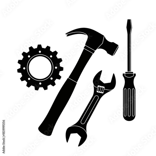 Essential hand tools for repair and construction projects, including a hammer, wrench, screwdriver, and gear, perfect for DIY enthusiasts and professionals alike