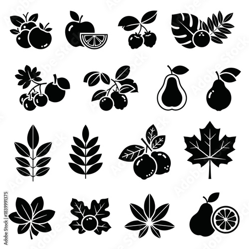 Delightful fruit and leaf icons for fresh designs, embodying nature's beauty. Perfect for organic brands, restaurants, and eco-friendly projects in scalable vector format