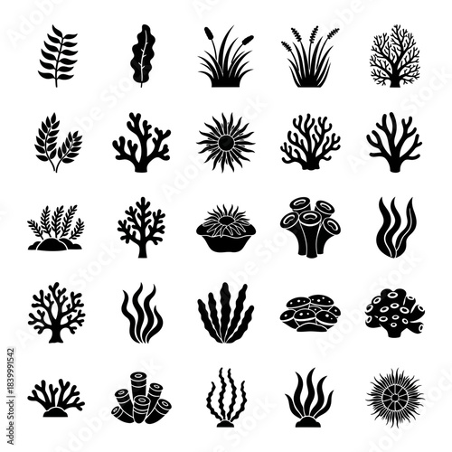 Aquatic Plants and Coral Silhouettes Icon Set