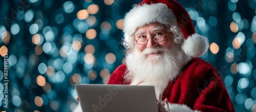 Santa Claus using his laptop on a blurred background