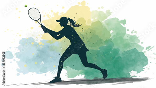 Woman tennis player in action, dynamic pose, athletic sport, vector illustration, focus and determination