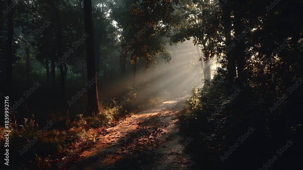 Fototapeta premium Bright pathway through forest illuminated by early morning light